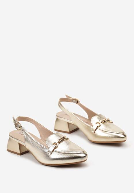 Złote Czółenka na Niewysokim Słupku bez Pięty Ozdobione Metalową Sprzączką Zapinane Wokół Kostki Povissia