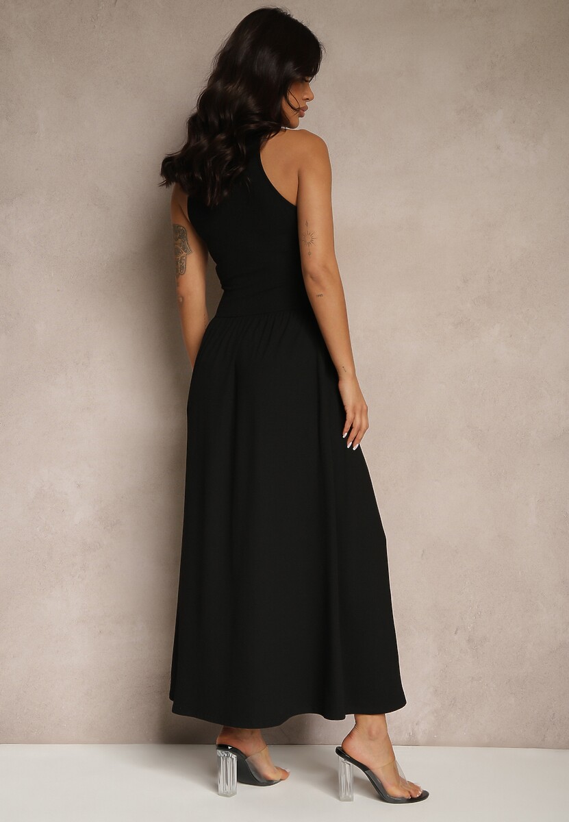 Czarna Rozkloszowana Sukienka z Bawełny z Kieszeniami Lirevane