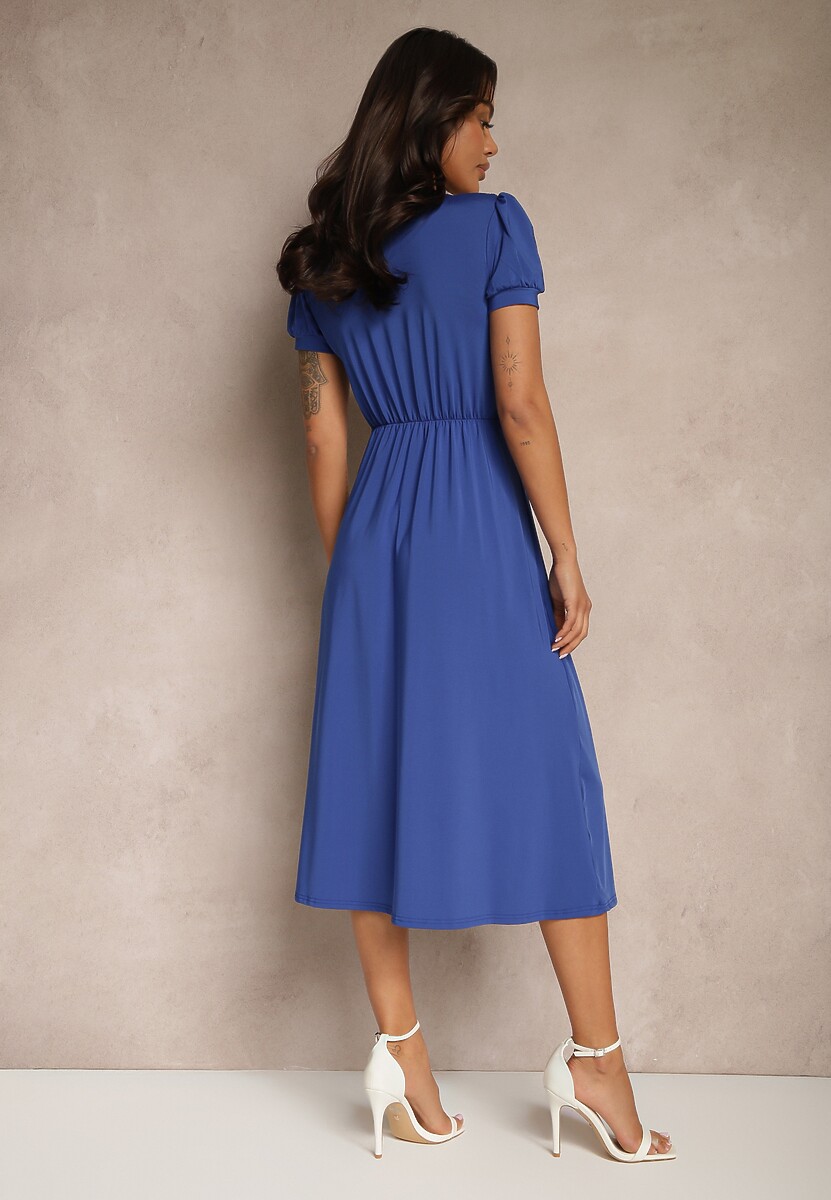 Niebieska Rozkloszowana Sukienka z Wiskozą Koktajlowa z Poduszkami w Ramionach Mimiza