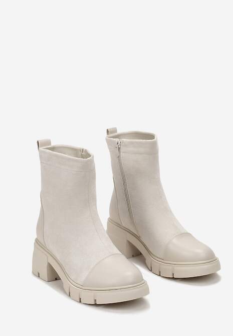 Beżowe Botki za Kostkę na Niskim Obcasie Bellaxa