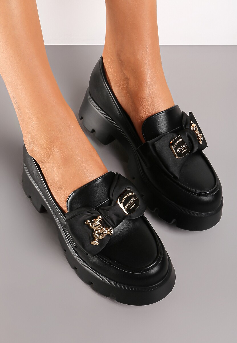 Czarne Wsuwane Mokasyny z Ekoskóry z Ozdobną Kokardką Nimena