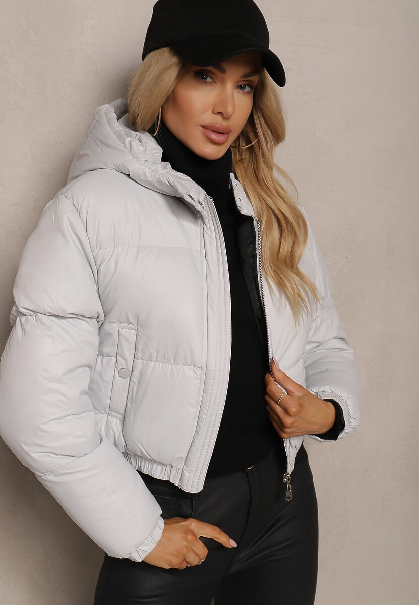 Jasnoszara Pikowana Kurtka z Nieodpinanym Kapturem o Krótkim Kroju Tinneira