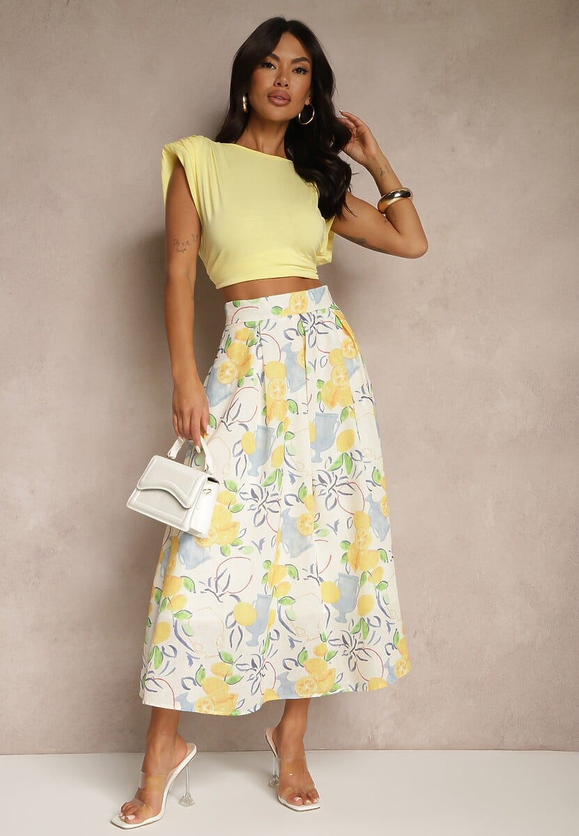 Beżowa Rozkloszowana Spódnica Bawełniana Ozdobiona Printem w Cytrynki Ralzema