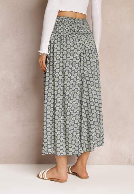 Granatowo-Zielone Szerokie Spodnie Bawełniane z Wysokim Stanem i Długością 7/8 Jorste