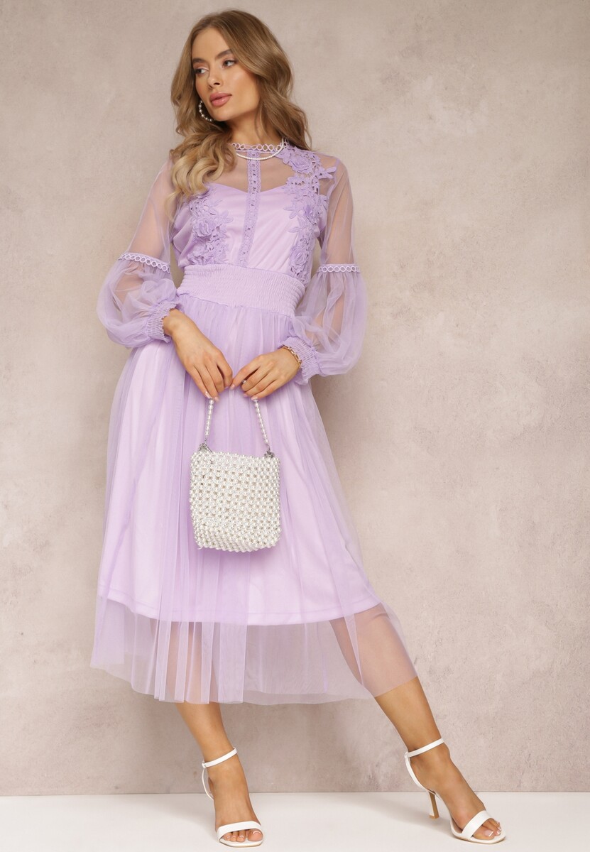 Fioletowa Tiulowa Sukienka Rozkloszowana z Koronką Nirthe