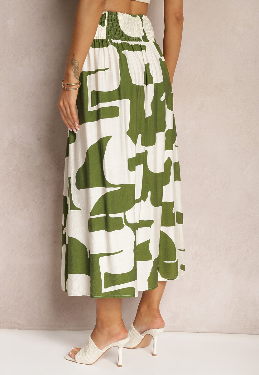 Zielono-Beżowa Rozkloszowana Spódnica High Waist z Gumką w Talii i Guzikami Tinasshi