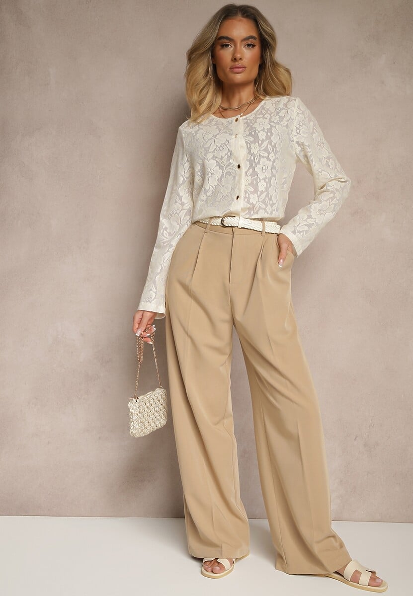 Beżowa Bluzka Ażurowa z Bawełny z Guzikami Kerisia