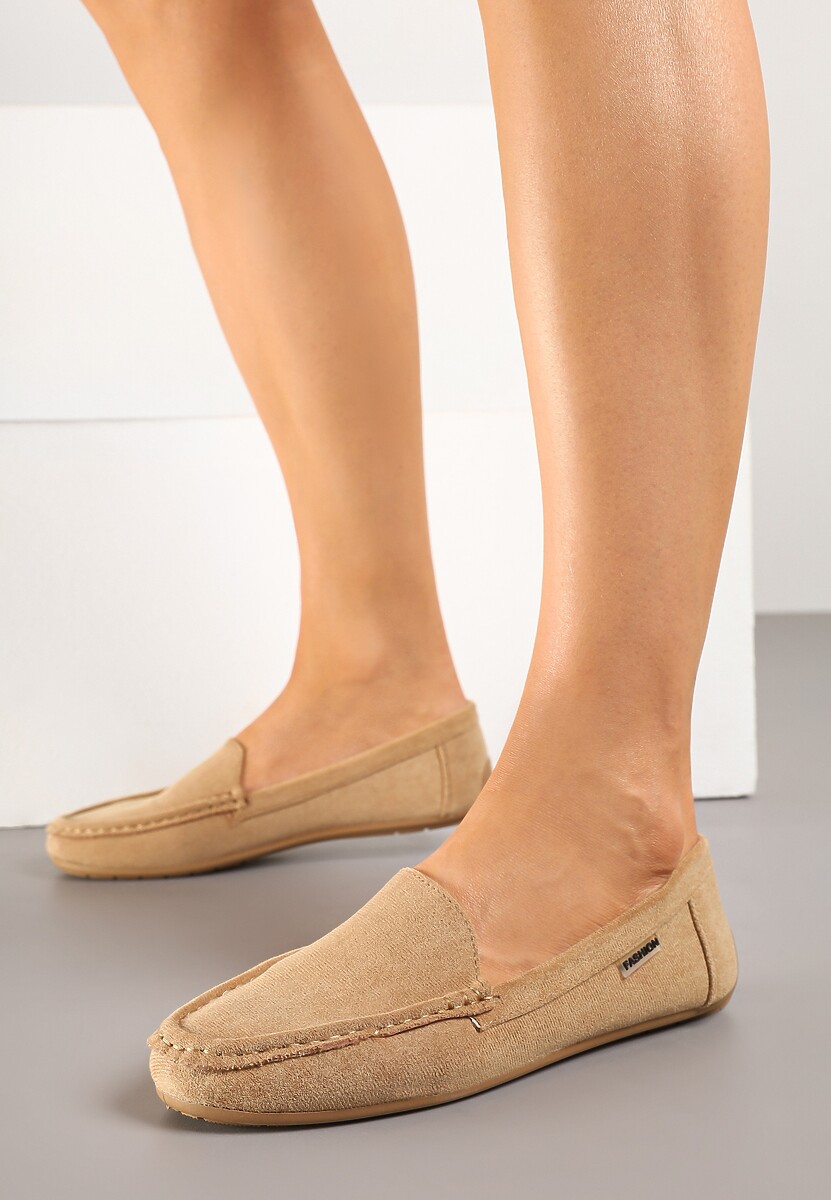 Ciemnobeżowe Mokasyny z Ekozamszu Zdobione Przeszyciami Zeanise