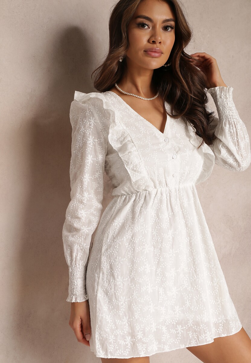 Biała Sukienka z Haftowanego Materiału z Gumką w Pasie Tecusa