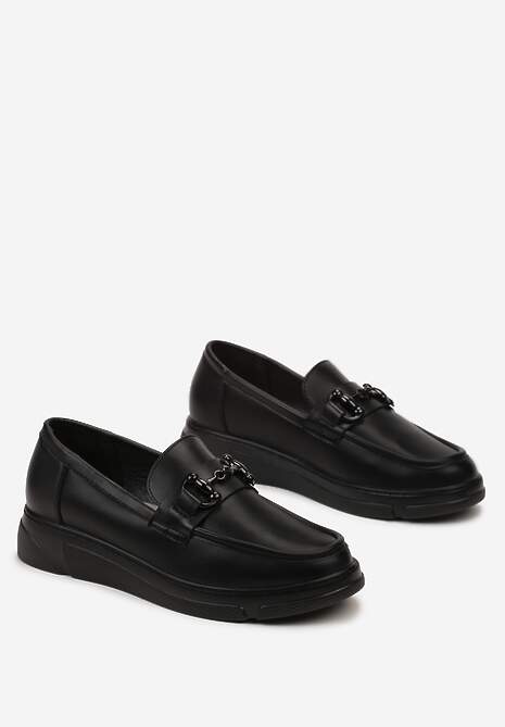 Czarne Półbuty w Stylu Klasycznych Mokasynów z Klamerką i Skórzaną Wkładką Zinniame
