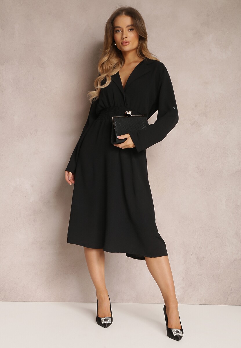 Czarna Koszulowa Sukienka Midi z Gumką w Pasie Natelin
