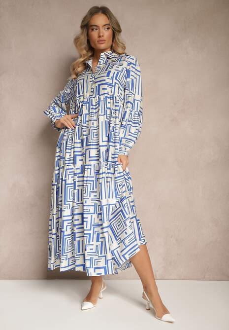 Niebieska Rozkloszowana Sukienka z Wiskozą w Geometryczny Print Apirestia