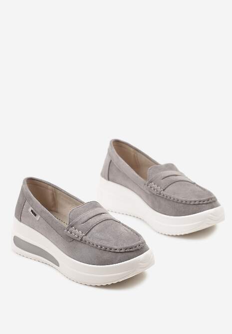 Szare Mokasyny z Ekozamszu na Platformie Ozdobione Paseczkiem Adrancia