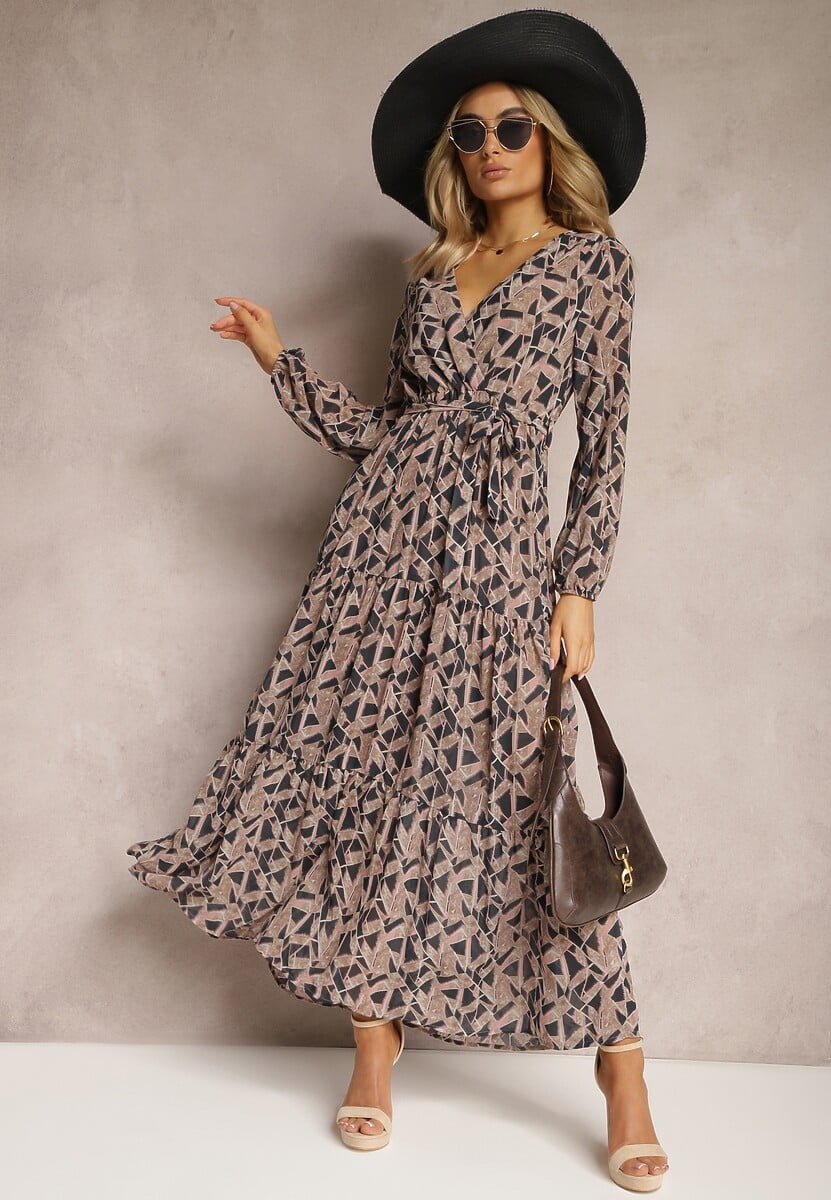 Czarno-Beżowa Sukienka Kopertowa z Gumką w Talii Jarne