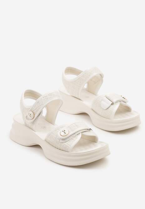 Białe Sandały na Tłoczonej Platformie z Tweedową Cholewką Odelea