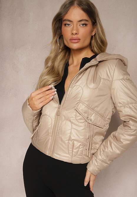 Beżowa Kurtka z Kapturem Ozdobiona Pikowaniem Talemi