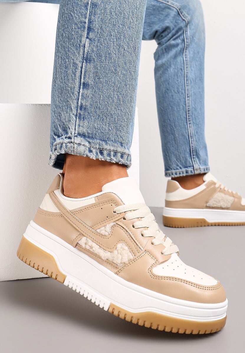 Ciemnobeżowe Sneakersy z Imitacji Skóry ze Wstawkami z Futerka Vaelisa