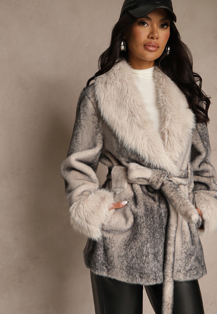 Brązowa Kurtka Futerko z Wiązanym Paskiem i Szerokim Kołnierzem Coverra