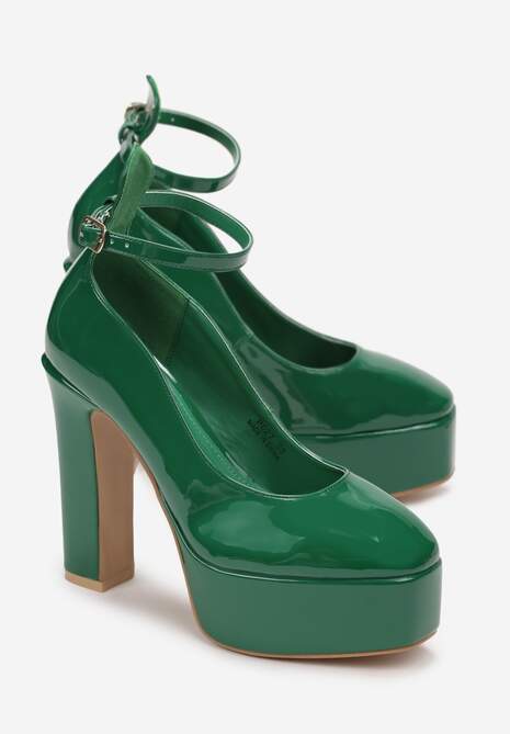 Zielone Czółenka na Platformie i Słupku ze Sprzączką i Lakierowanym Wykończeniu Ysabel
