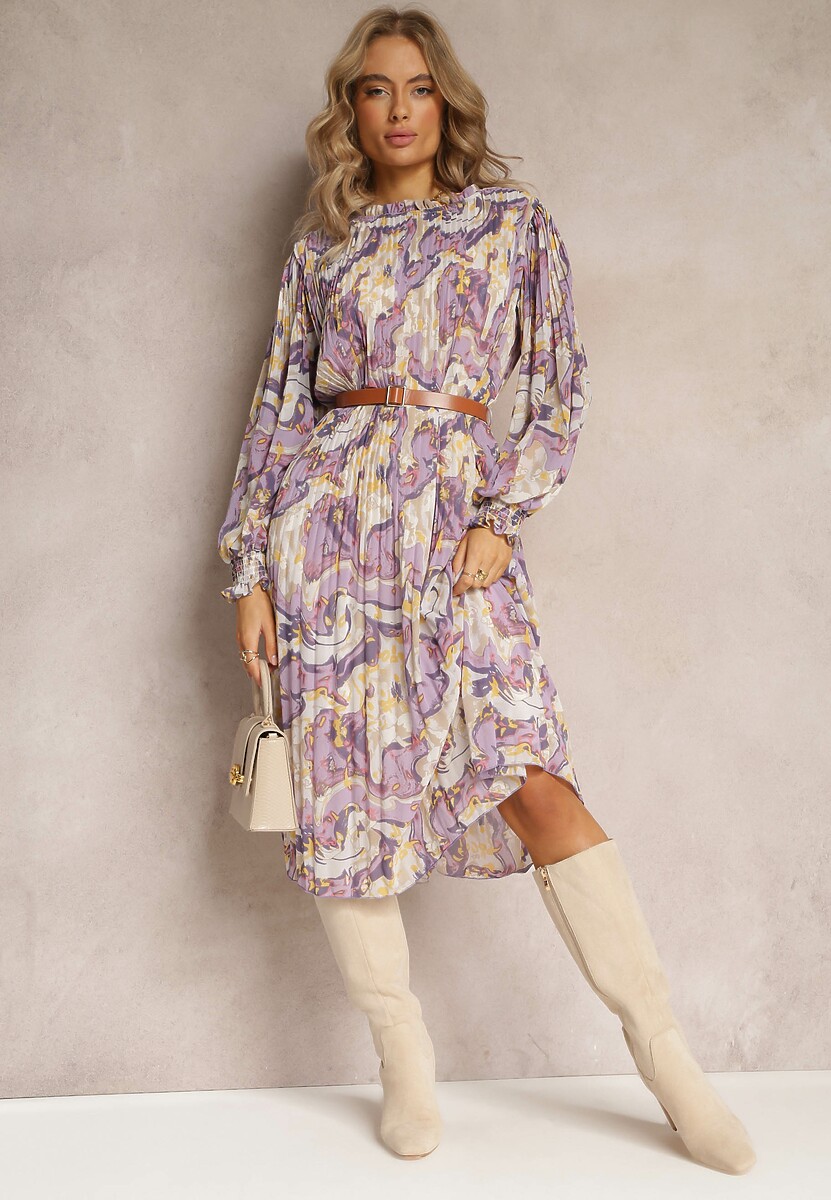 Fioletowa Plisowana Sukienka Midi z Długim Rękawem i Paskiem ze Sprzączką Lizeta