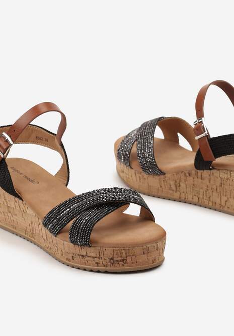 Czarne Sandały Zapinane na Sprzączkę z Cyrkoniami na Koturnie Tohru