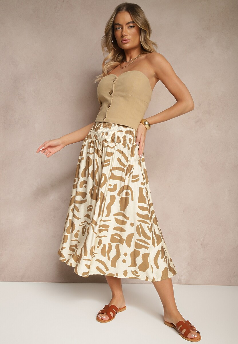 Zielone Szerokie Spodnie Culottes z Gumką Zdobione Geometrycznym Printem Sartebia