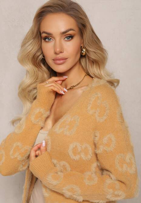 Ciemnobeżowy Jednolity Kardigan w Cętki Niezapinany Raniwasa