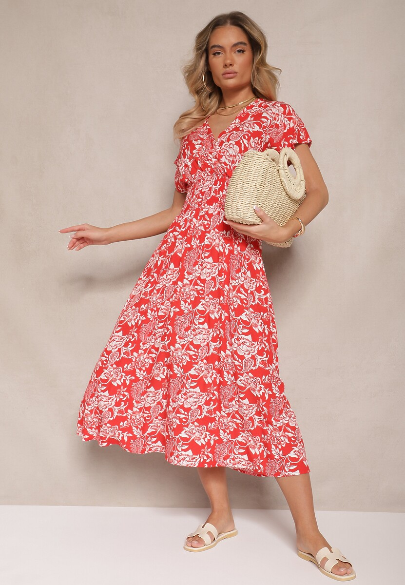 Czerwona Sukienka z Bawełną i Kopertowym Dekoltem w Kwiaty Ldivisa