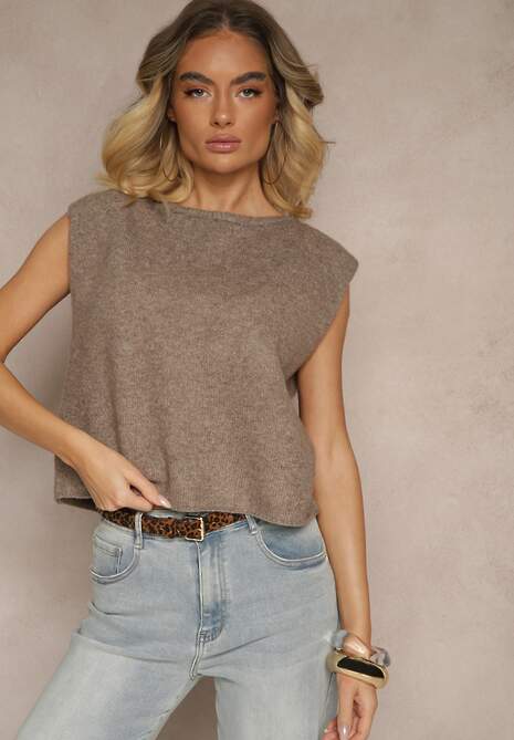 Beżowa Sweterkowa Kamizelka z Wełną Zenzeki