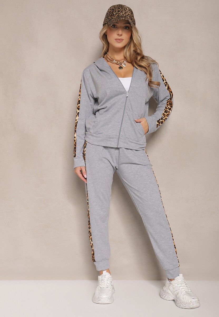 Szary Komplet Dresowy z Bluzą i Spodniami Zdobionymi Panterką Tirhiris