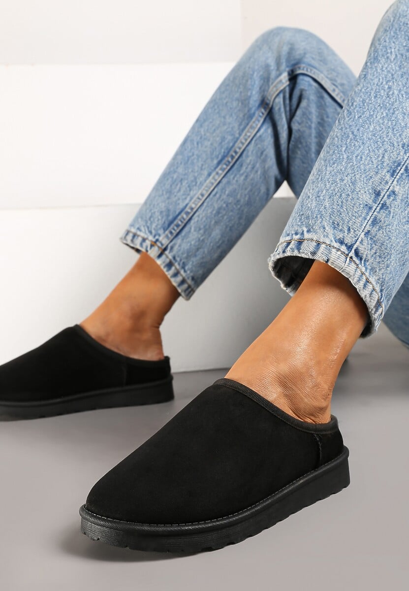 Czarne Casualowe Kapcie na Płaskiej Podeszwie z Futerkiem Peccaria