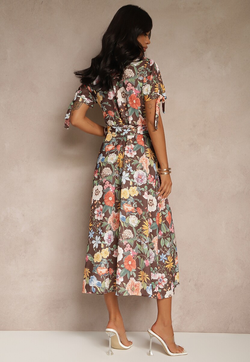 Brązowa Koszulowa Sukienka w Kwiaty o Rozkloszowanym Fasonie z Paskiem Fevalirra