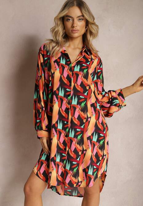 Czarno-Pomarańczowa Długa Koszula na Guziki z Geometrycznymi Wzorami Lakiria