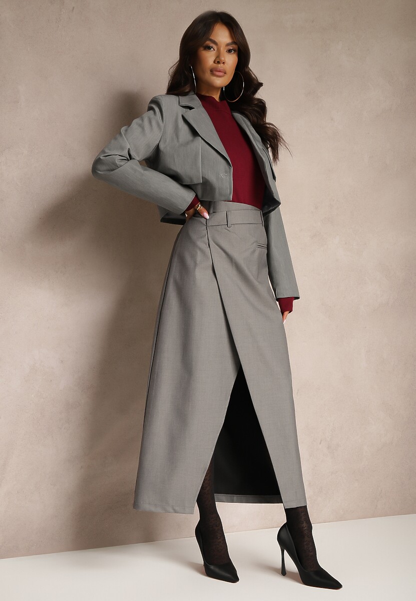 Ciemnoszara Maxi Spódnica Kopertowa z Rozcięciem o Asymetrycznym Fasonie Atenirs