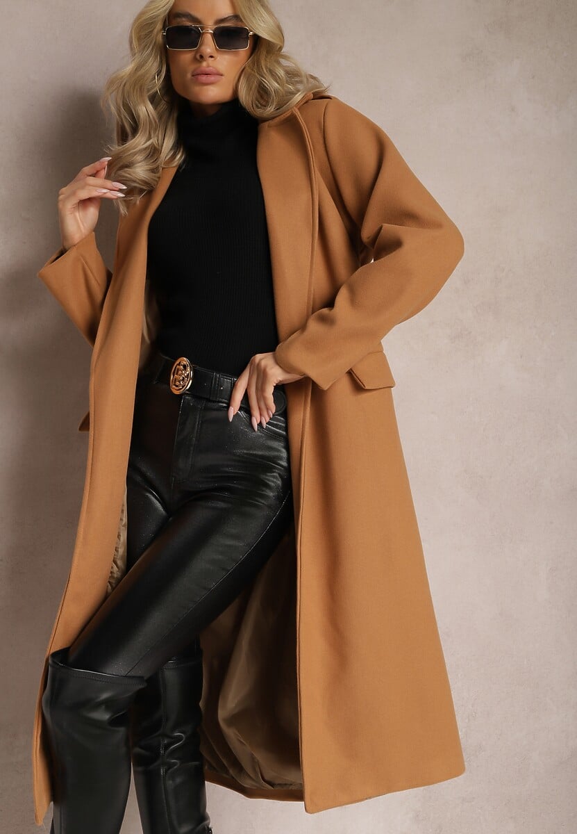 Ciemnobeżowy Taliowany Płaszcz z Wiązanym Paskiem Seraphique