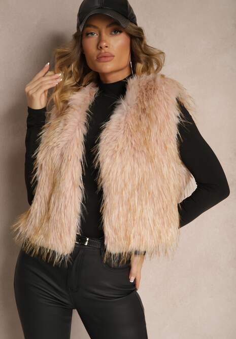 Beżowa Niezapinana Kamizelka Futerko Heleeti