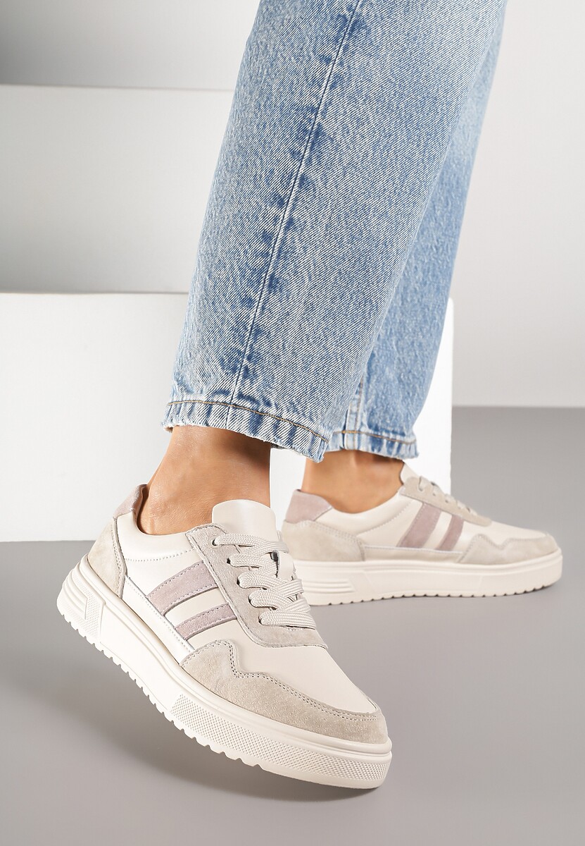 Beżowe Sneakersy ze Skóry Naturalnej Ozdobione Paskami Arabbela