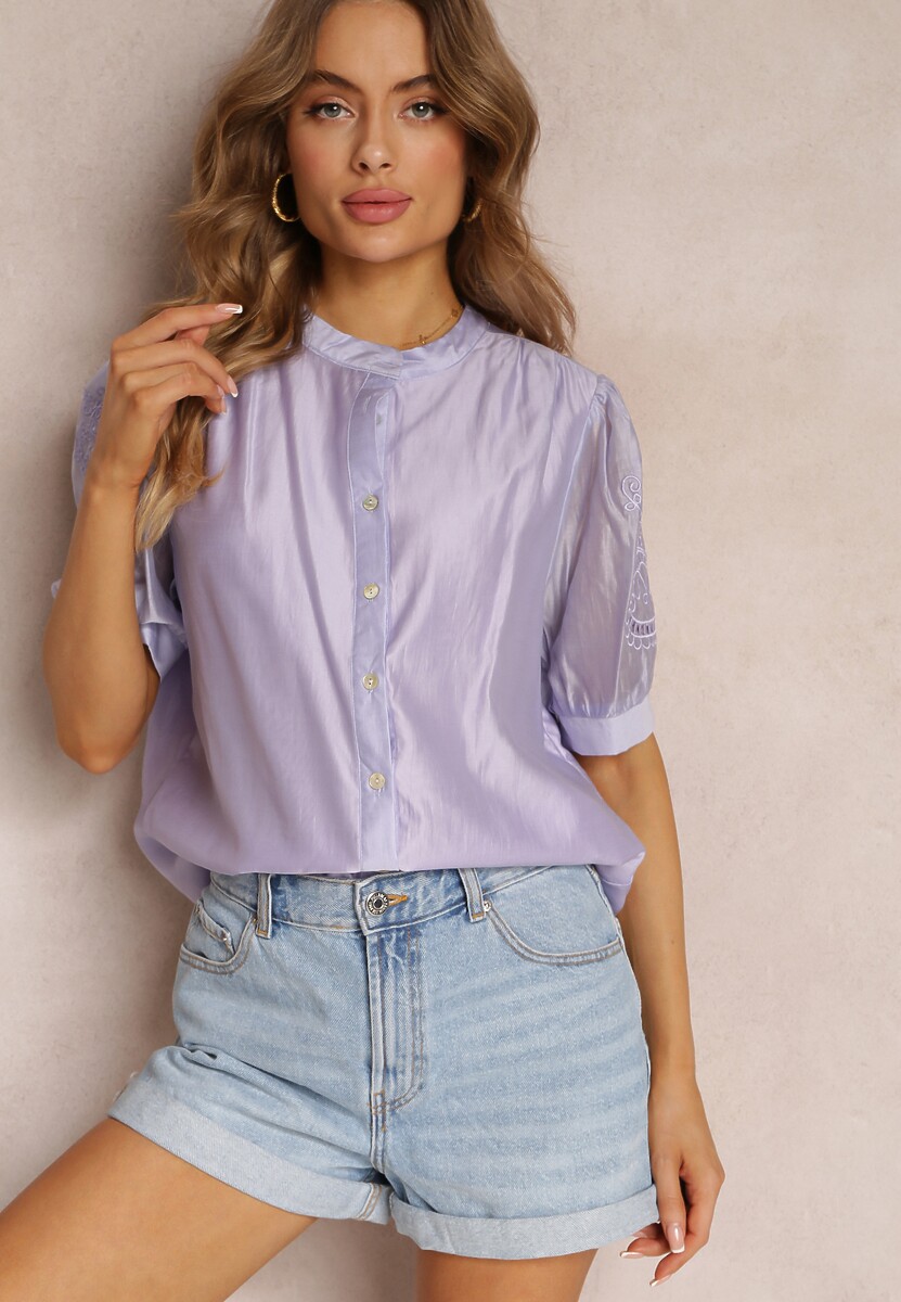 Fioletowa Koszula z Haftowanymi Rękawami Blam