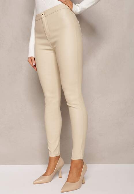Jasnobeżowe Spodnie z Ekoskóry o Fasonie Skinny Sonowa
