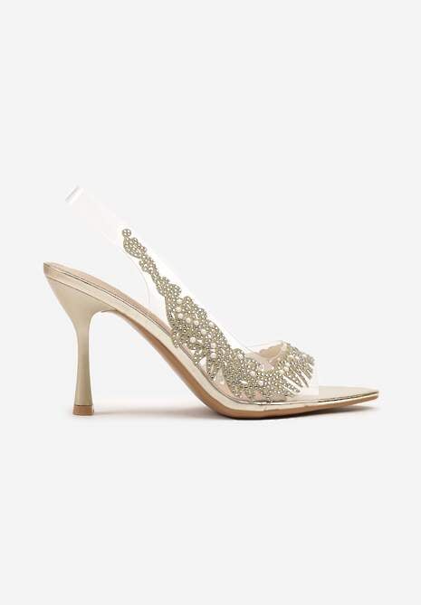 Złote Przezroczyste Sandały na Szpilce Vices ze Skórzaną Wkładką i Cyrkoniami Oviassa