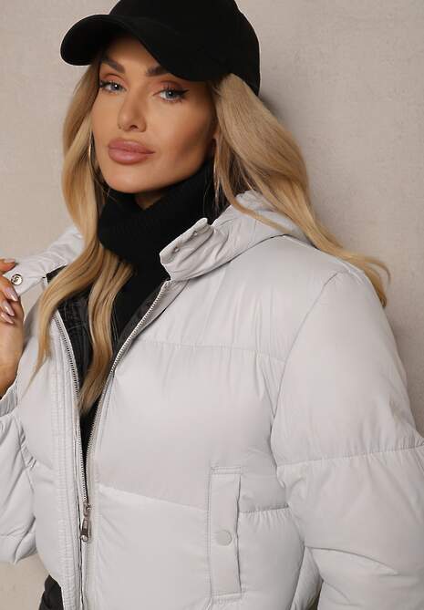 Jasnoszara Pikowana Kurtka z Nieodpinanym Kapturem o Krótkim Kroju Tinneira