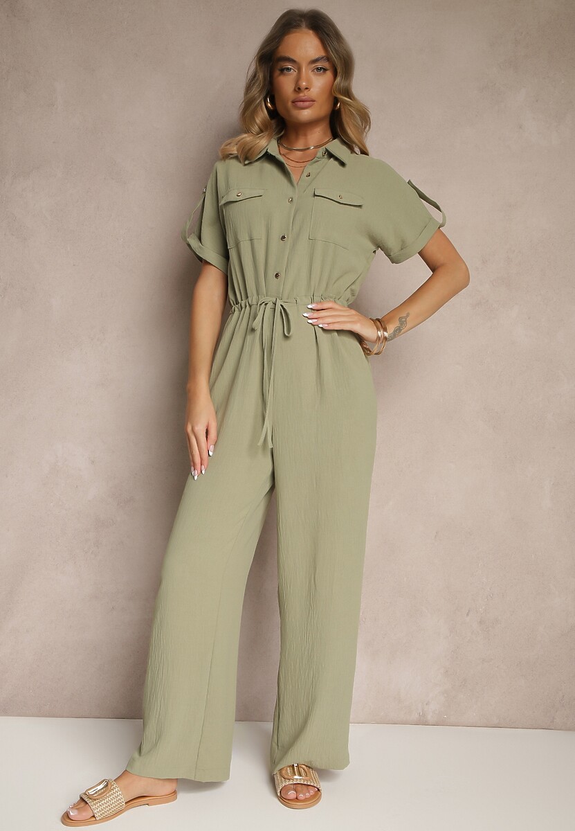 Ciemnozielony Koszulowy Kombinezon z Krótkim Rękawem Wiązany w Pasie Maraisla