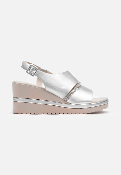 Srebrne Sandały na Koturnie bez Pięty z Paskiem z Cyrkoniami Azarepia