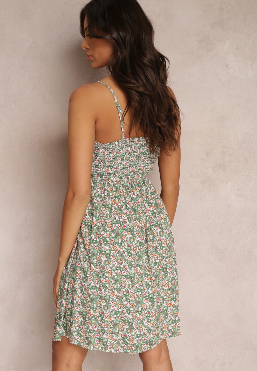 Zielona Kwiecista Sukienka Mini z Gumką w Talii i Głębokim Dekoltem z Bawełny Isabellis