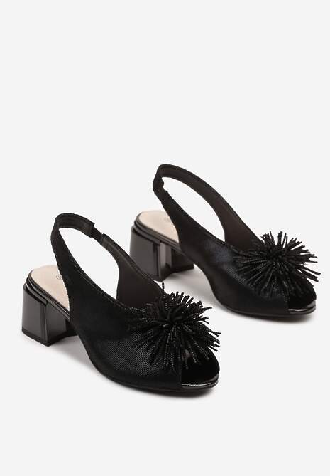 Czarne Sandały na Słupku z Wkładką ze Skóry Naturalnej z Pomponem Rerissiana