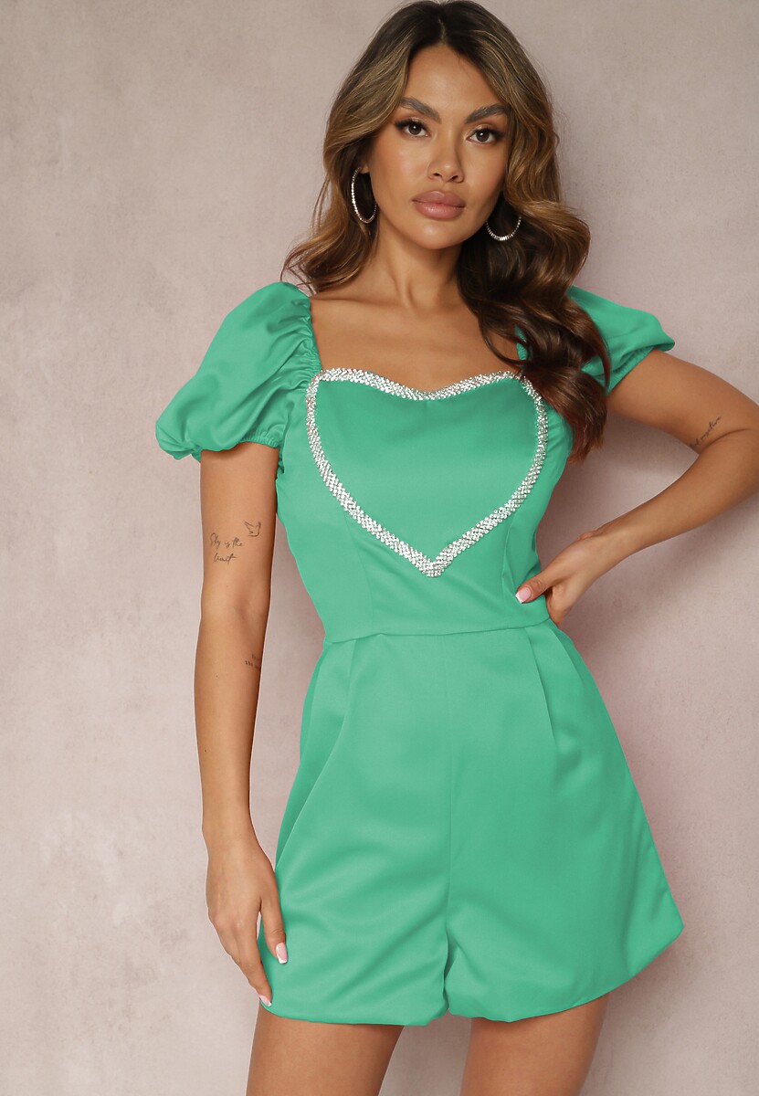 Niebieski Kombinezon Krótki z Opadającymi Rękawami i z Serduszkiem z Cyrkonii Yelara