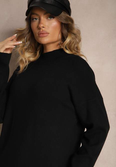 Czarna Pudełkowa Sukienka z Półgolfem Wełną i Bawełną Gilara