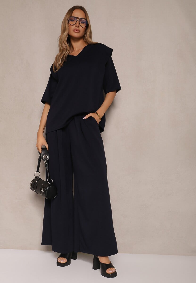 Granatowy Komplet z Wiskozą T-shirt z Dekoltem w Serek i Spodnie o Szerokim Kroju Zevline