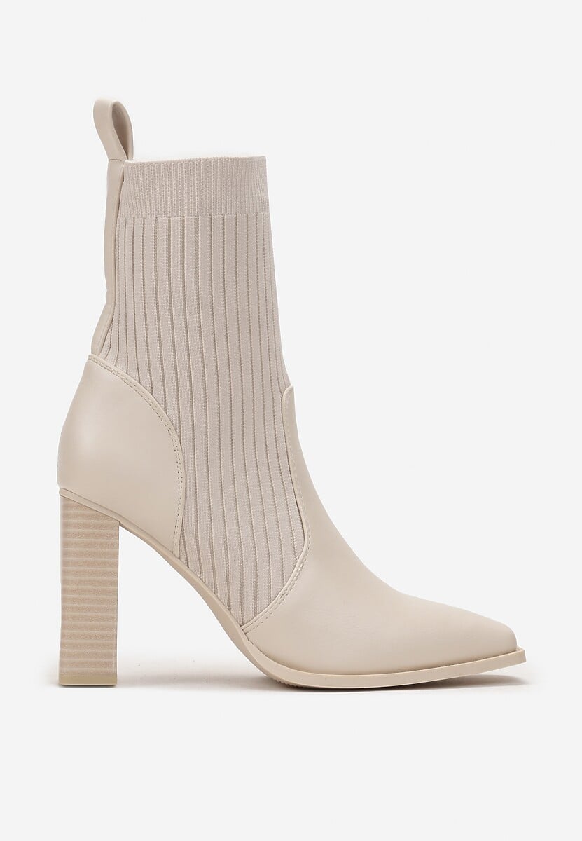 Beżowe Botki ze Skarpetkową Cholewką na Słupku Kinrade