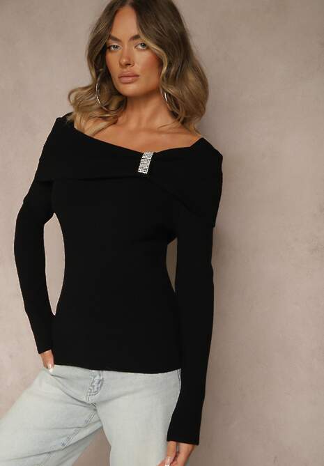 Czarny Sweter z Wiskozą i Ozdobą z Cyrkonii Mirrise